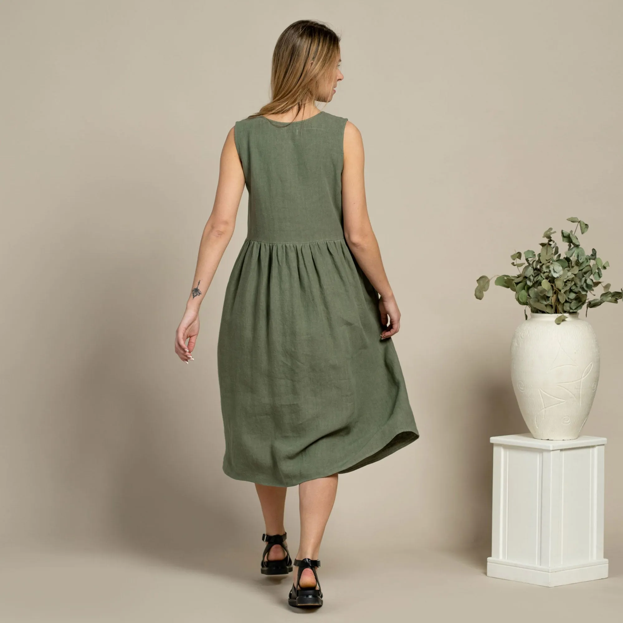 Linen Smock Dress Maya Stone Green