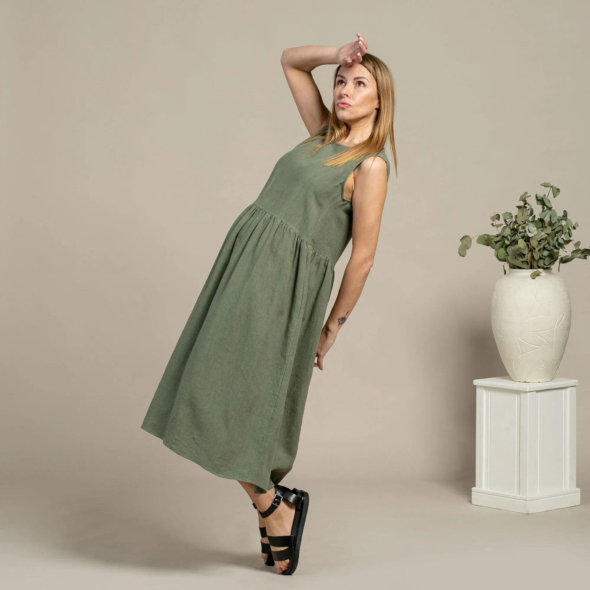 Linen Smock Dress Maya Stone Green