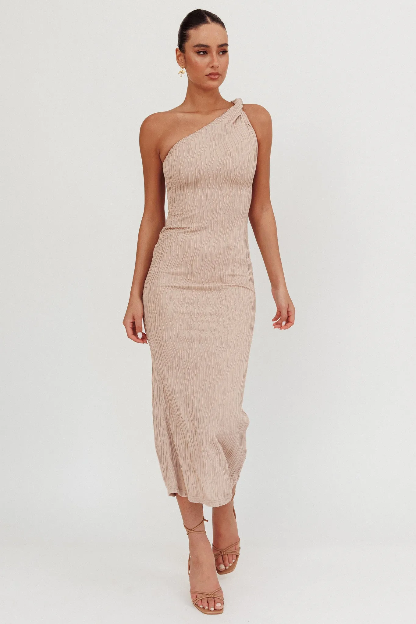 Lingering Love One-Shoulder Twist Midi Dress Beige