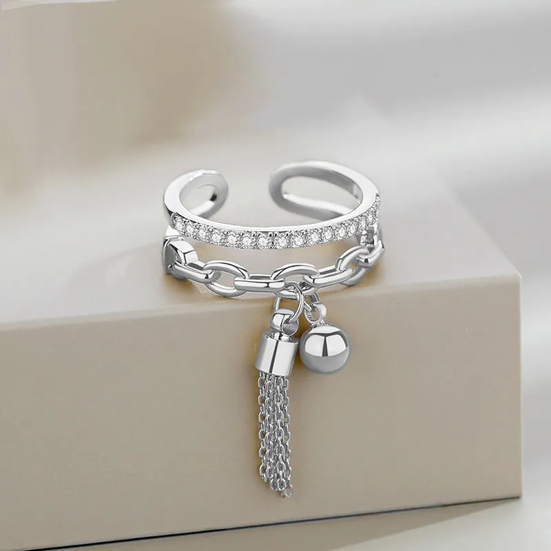 Link Chain Tassel  Zirconia Charm Finger Ring