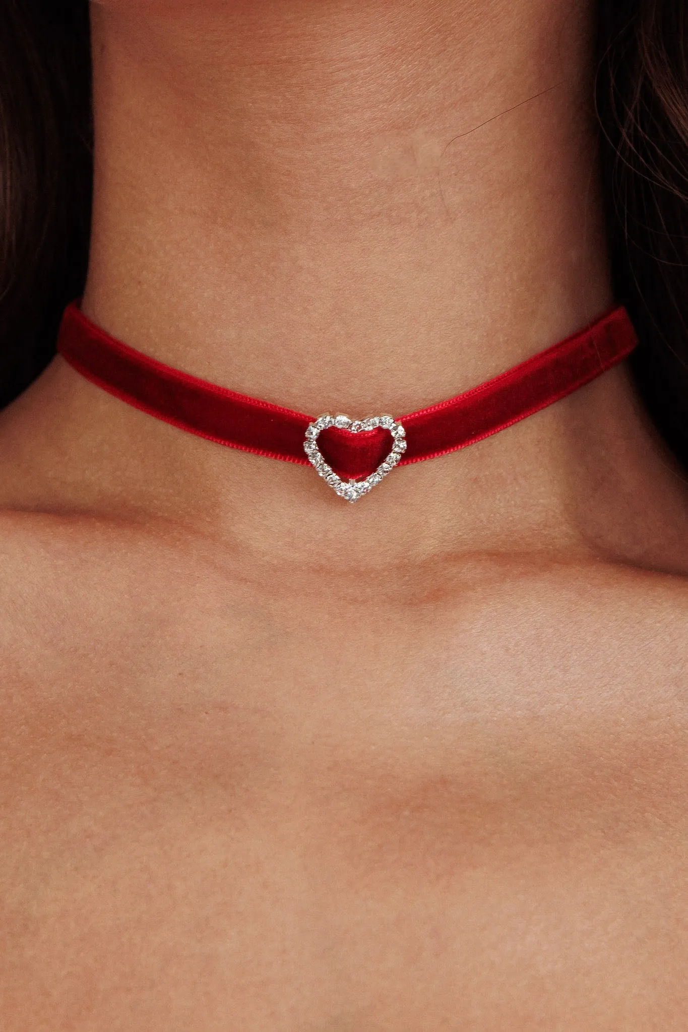 Lola Diamante Heart Velvet Choker Necklace Red