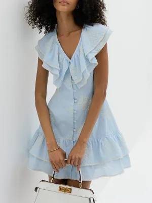 Loren Embroidered Frill Day Dress | Pastel Blue