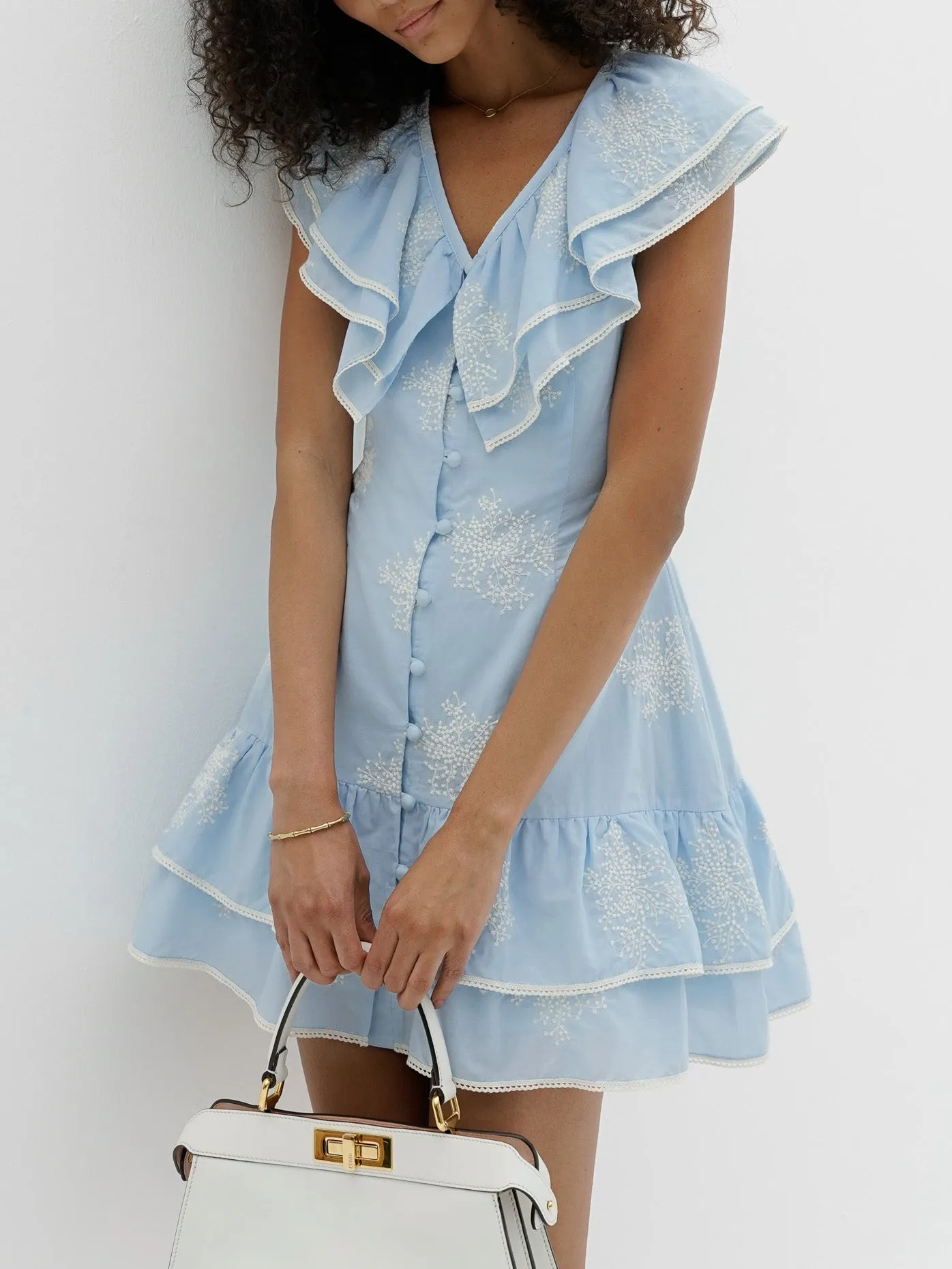 Loren Embroidered Frill Day Dress | Pastel Blue