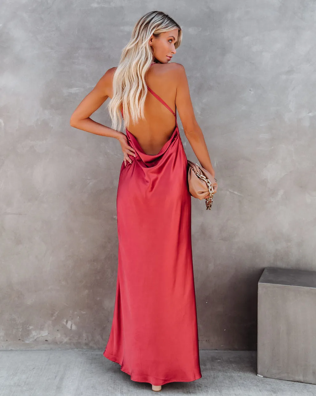 Love Letter Satin Cowl Neck Maxi Dress - Rust