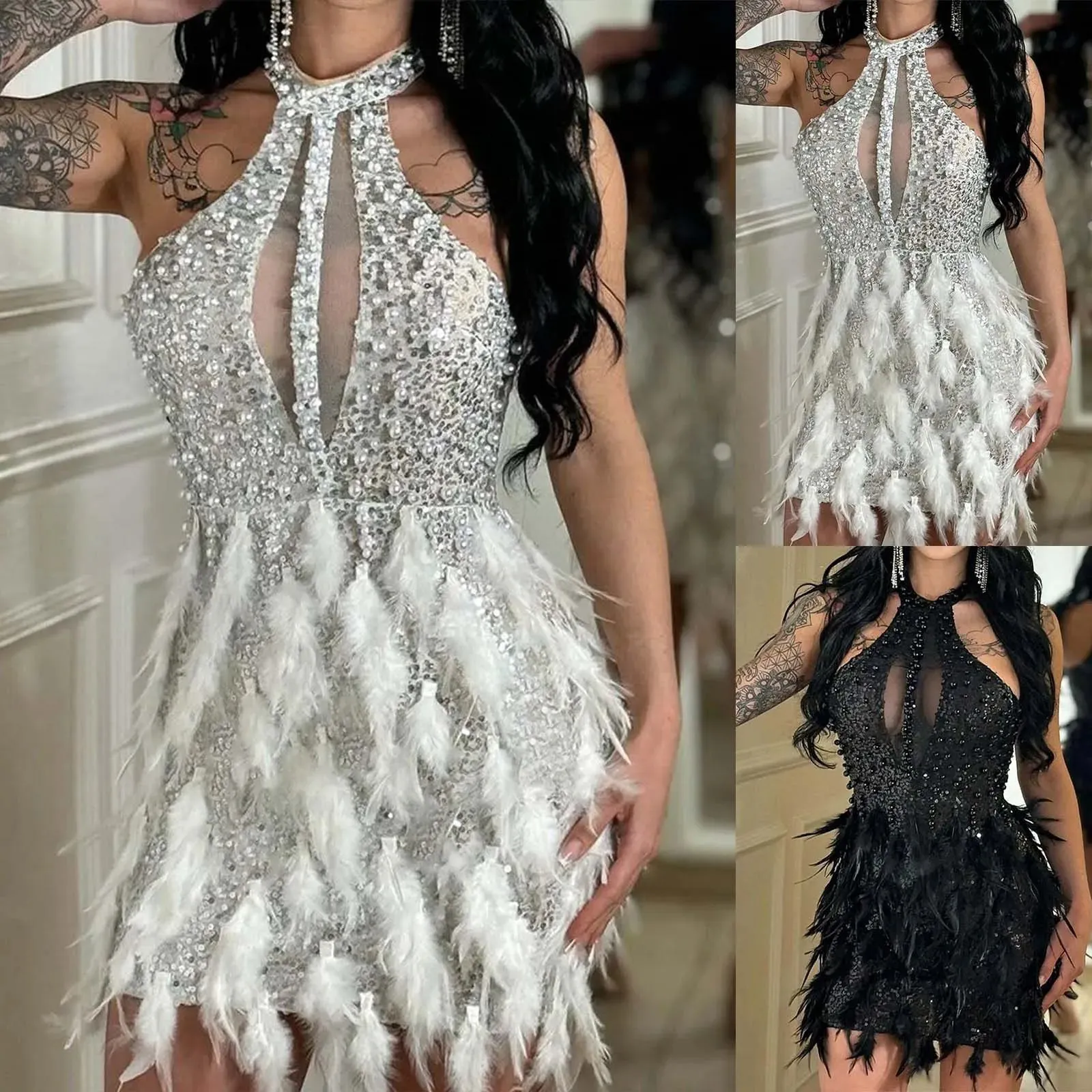 Luxury Silver Sequins White Feathers