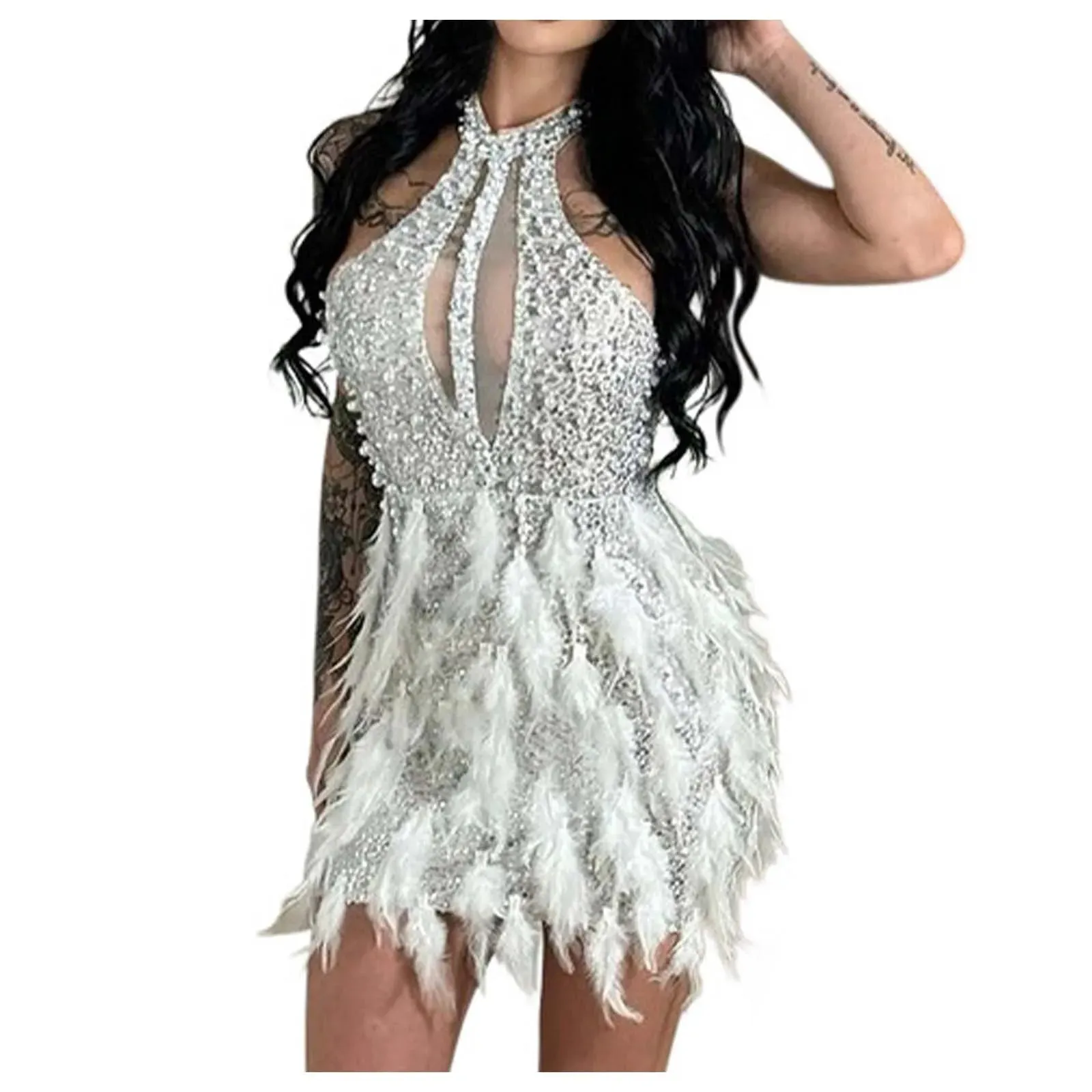 Luxury Silver Sequins White Feathers