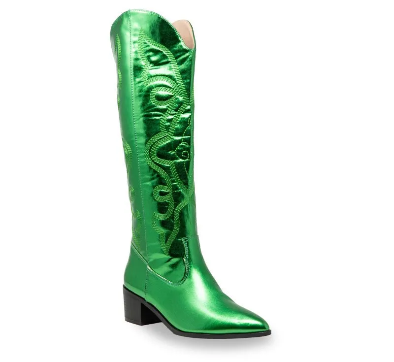 MALENA/2024 Green Metallic Faux Leather Cowboy Boot Western Styling with Stitching Detail