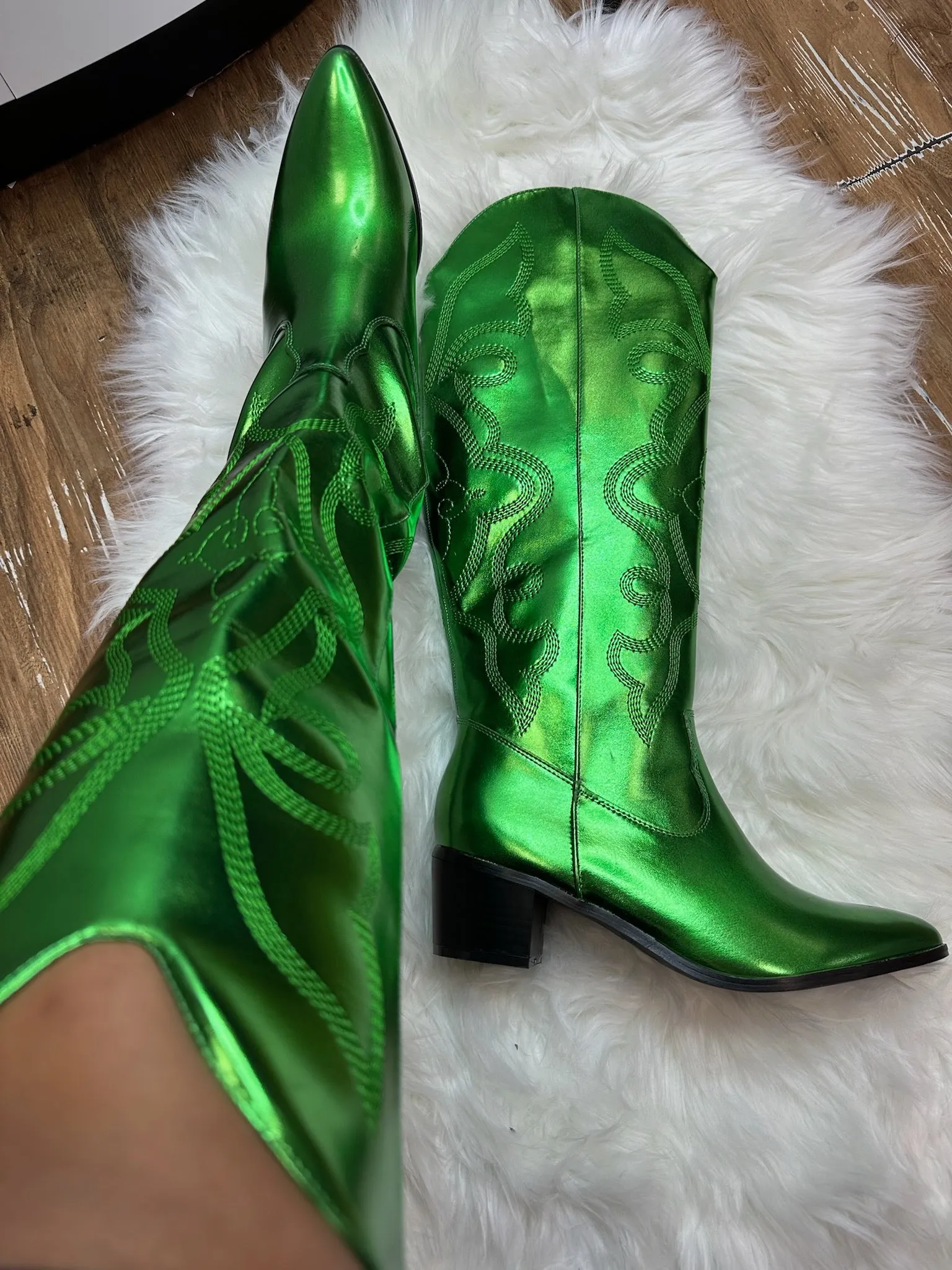 MALENA/2024 Green Metallic Faux Leather Cowboy Boot Western Styling with Stitching Detail