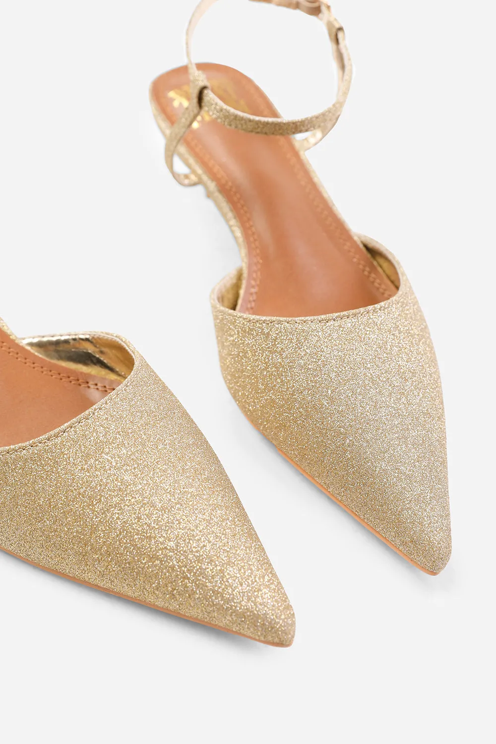 MALTA WIDE FIT LOW KITTEN HEELS WITH POINTED TOE AND ANKLE STRAP IN GOLD FINE GLITTER