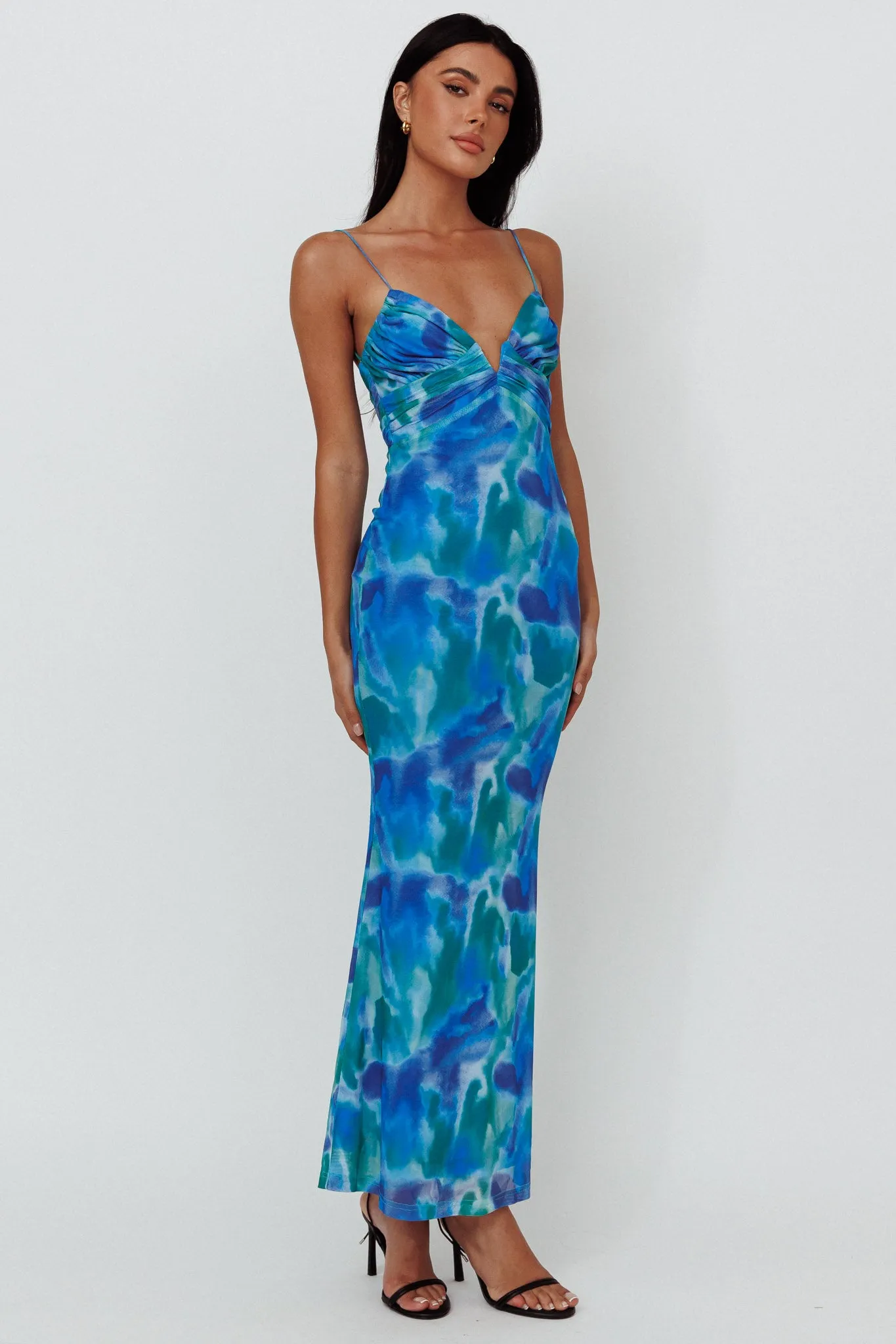 Marrakesh Gathered Bust Maxi Dress Print Blue