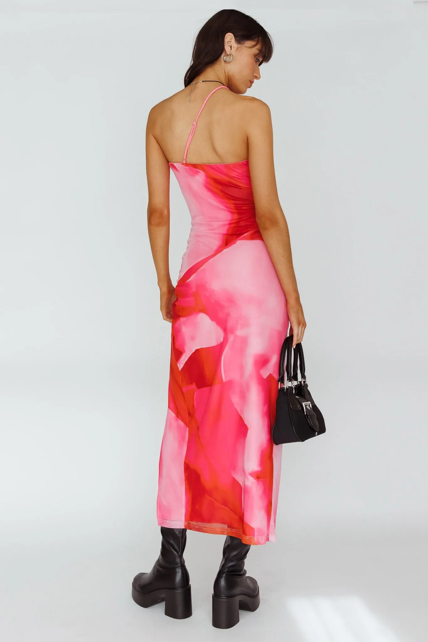 Martine One Strap Mesh Midi Dress Print Pink