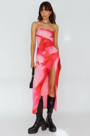 Martine One Strap Mesh Midi Dress Print Pink