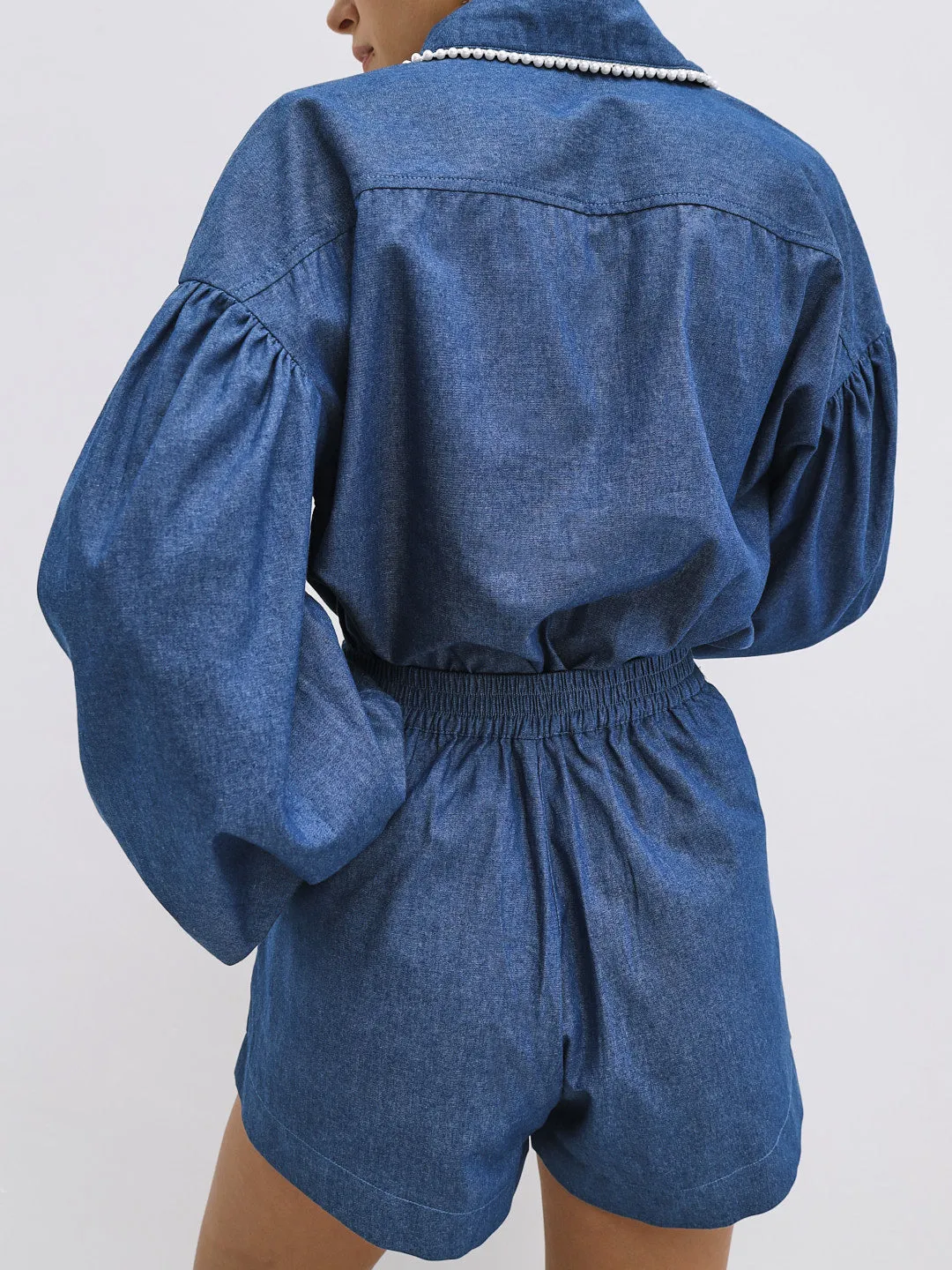 Melissa Chambray Denim Shirt With Pearls | Denim Blue