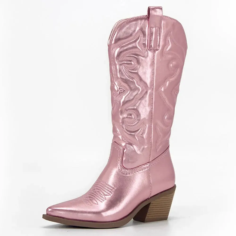 Merendy Crochet pointed toe Med chunky heel Embroidery metallic pink ankle boots