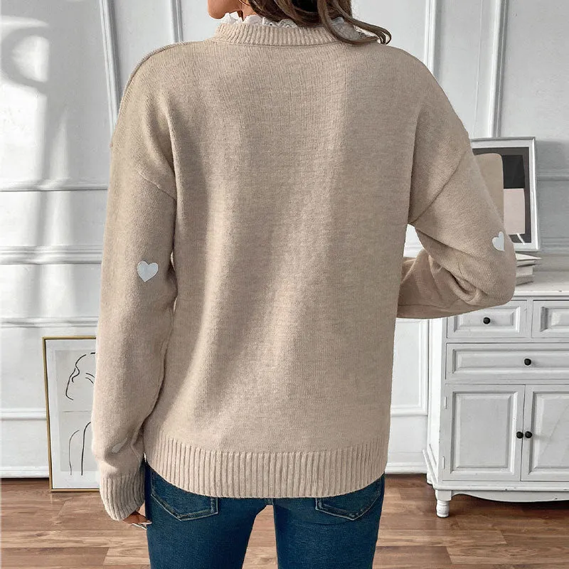 METAVERSMALL love round neck autumn and winter sweater new Valentine's Day V-neck splicing lace pullover knitted sweater