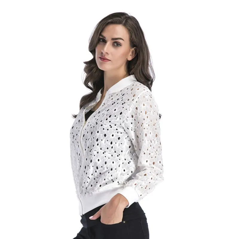 METAVERSMALL New autumn new lace hook-up hollow blouse zipper cardigan, long-sleeved jacket women