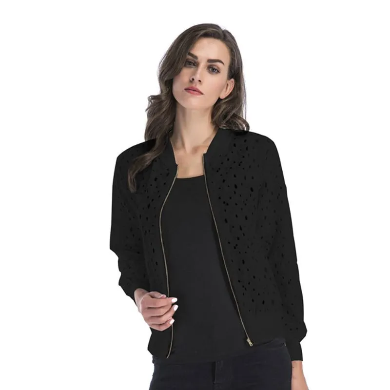 METAVERSMALL New autumn new lace hook-up hollow blouse zipper cardigan, long-sleeved jacket women