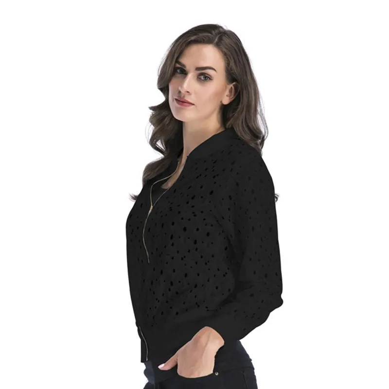 METAVERSMALL New autumn new lace hook-up hollow blouse zipper cardigan, long-sleeved jacket women