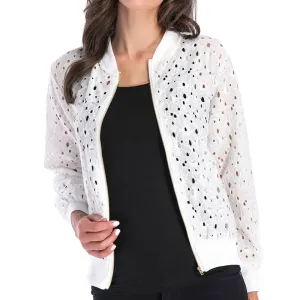 METAVERSMALL New autumn new lace hook-up hollow blouse zipper cardigan, long-sleeved jacket women