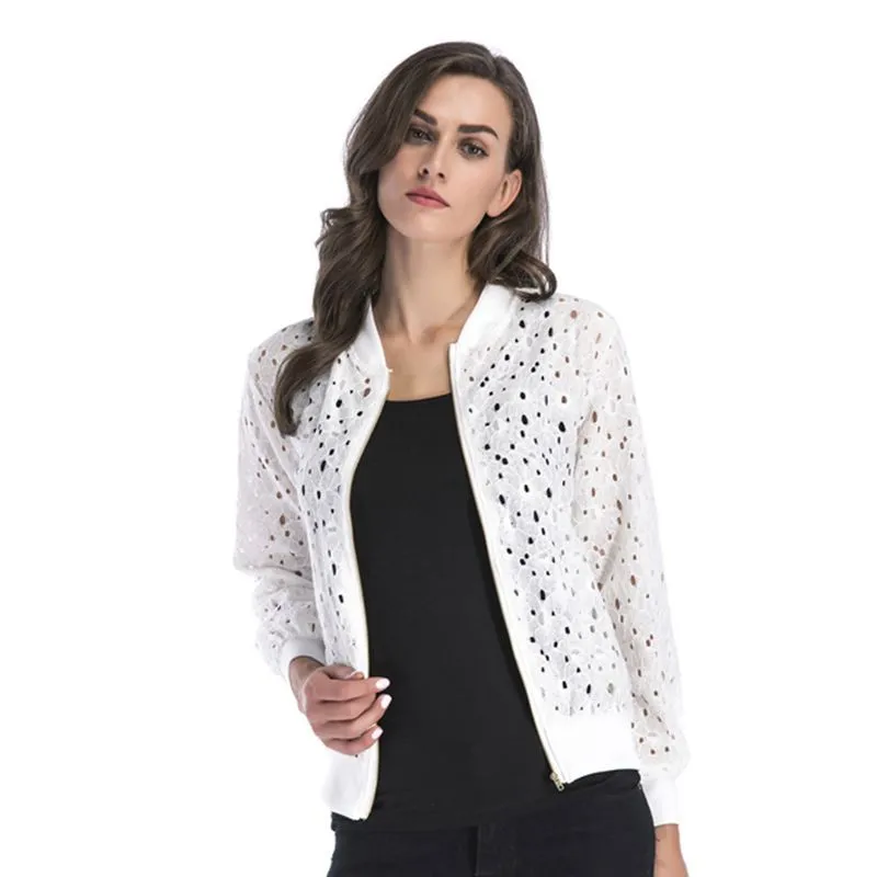 METAVERSMALL New autumn new lace hook-up hollow blouse zipper cardigan, long-sleeved jacket women