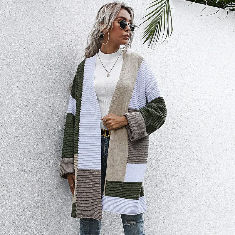 METAVERSMALL New new autumn and winter fashion color matching knitted sweater medium and long 2025 lazy style  2025 trade cardigan jacket women