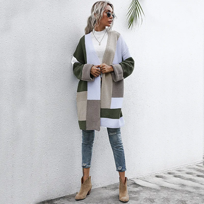 METAVERSMALL New new autumn and winter fashion color matching knitted sweater medium and long 2025 lazy style  2025 trade cardigan jacket women