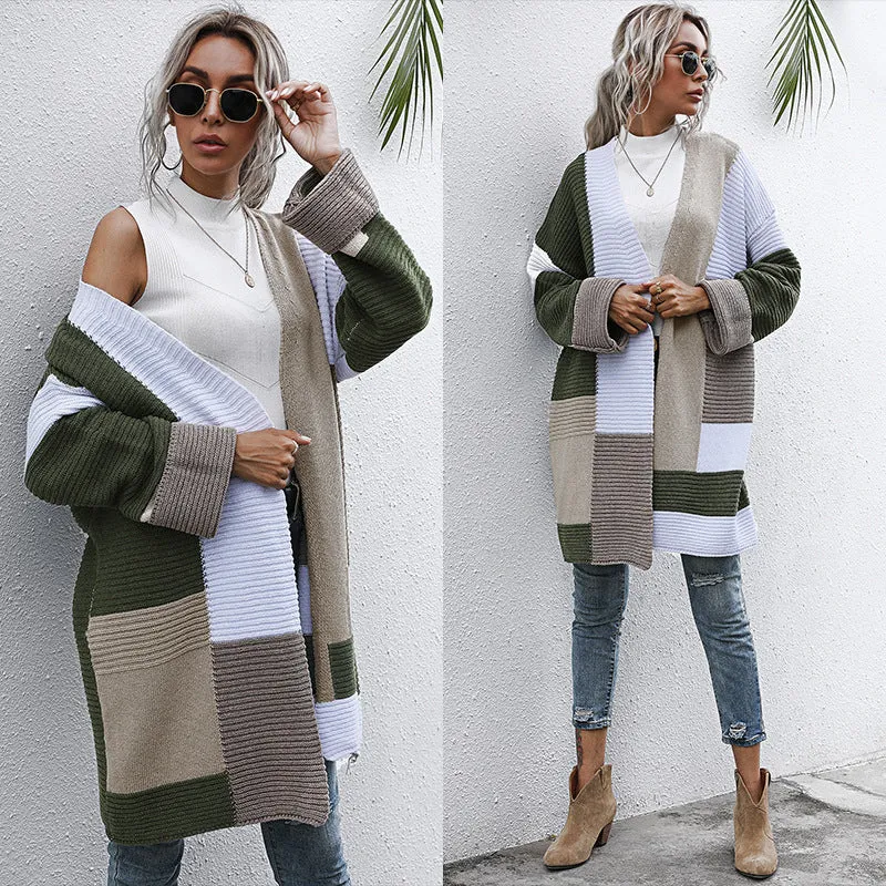 METAVERSMALL New new autumn and winter fashion color matching knitted sweater medium and long 2025 lazy style  2025 trade cardigan jacket women