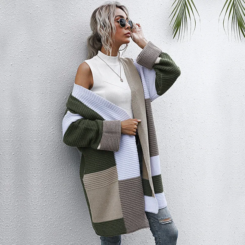 METAVERSMALL New new autumn and winter fashion color matching knitted sweater medium and long 2025 lazy style  2025 trade cardigan jacket women