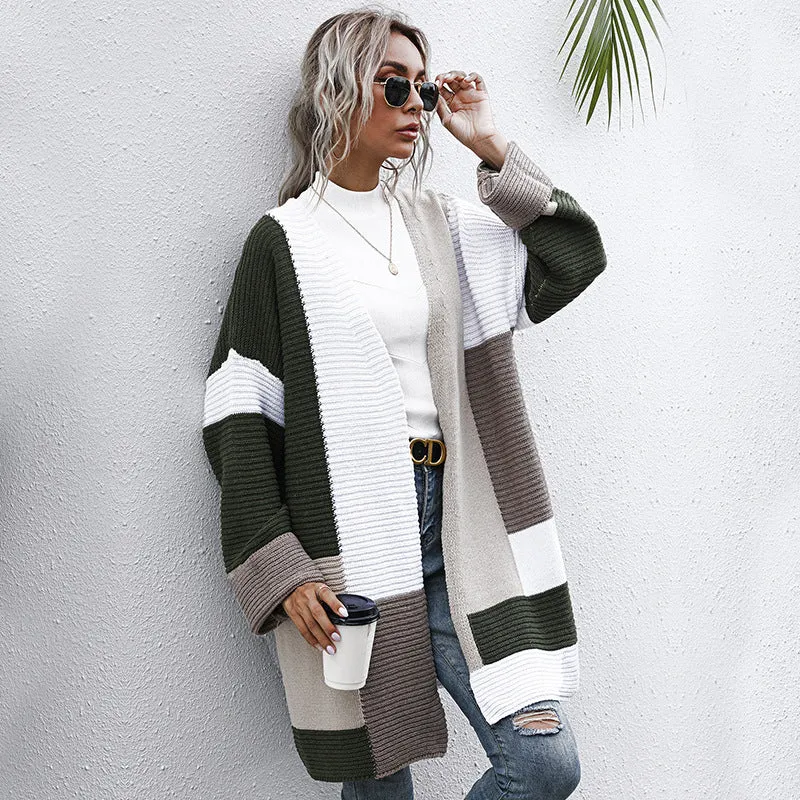 METAVERSMALL New new autumn and winter fashion color matching knitted sweater medium and long 2025 lazy style  2025 trade cardigan jacket women