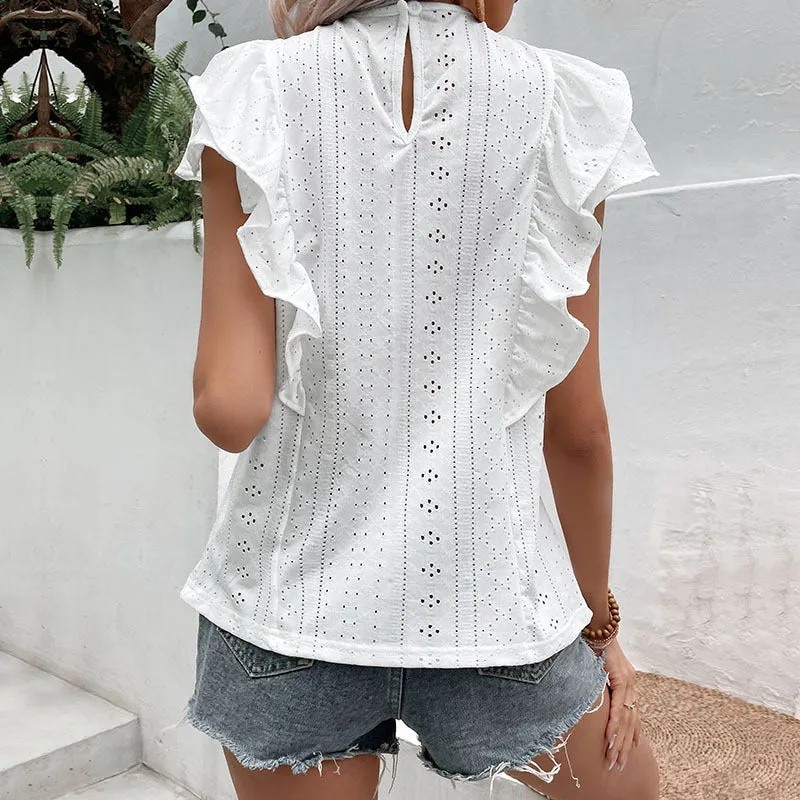 METAVERSMALL New  New Summer New 2025 Women's Clothing Lotus Leaf Edge White Casual Splicing Shirt Women