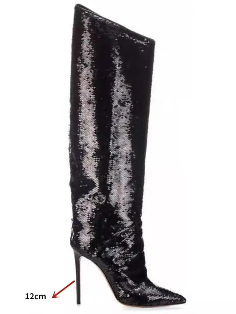 Mirror Knee High Stiletto Boots - 12CM Heel, Sexy Bling, Genuine Leather Lining