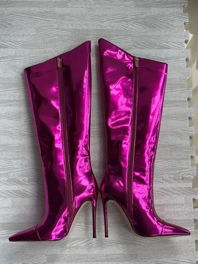 Mirror Knee High Stiletto Boots - 12CM Heel, Sexy Bling, Genuine Leather Lining