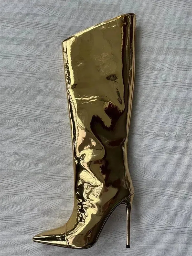 Mirror Knee High Stiletto Boots - 12CM Heel, Sexy Bling, Genuine Leather Lining