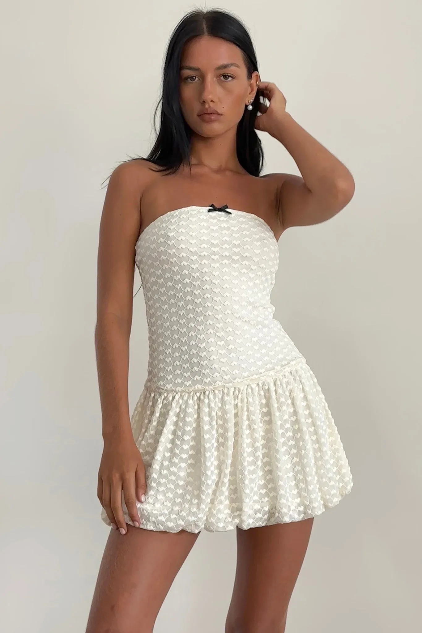 Mistee Bandeau Bubble Hem Mini Dress Lace Ivory