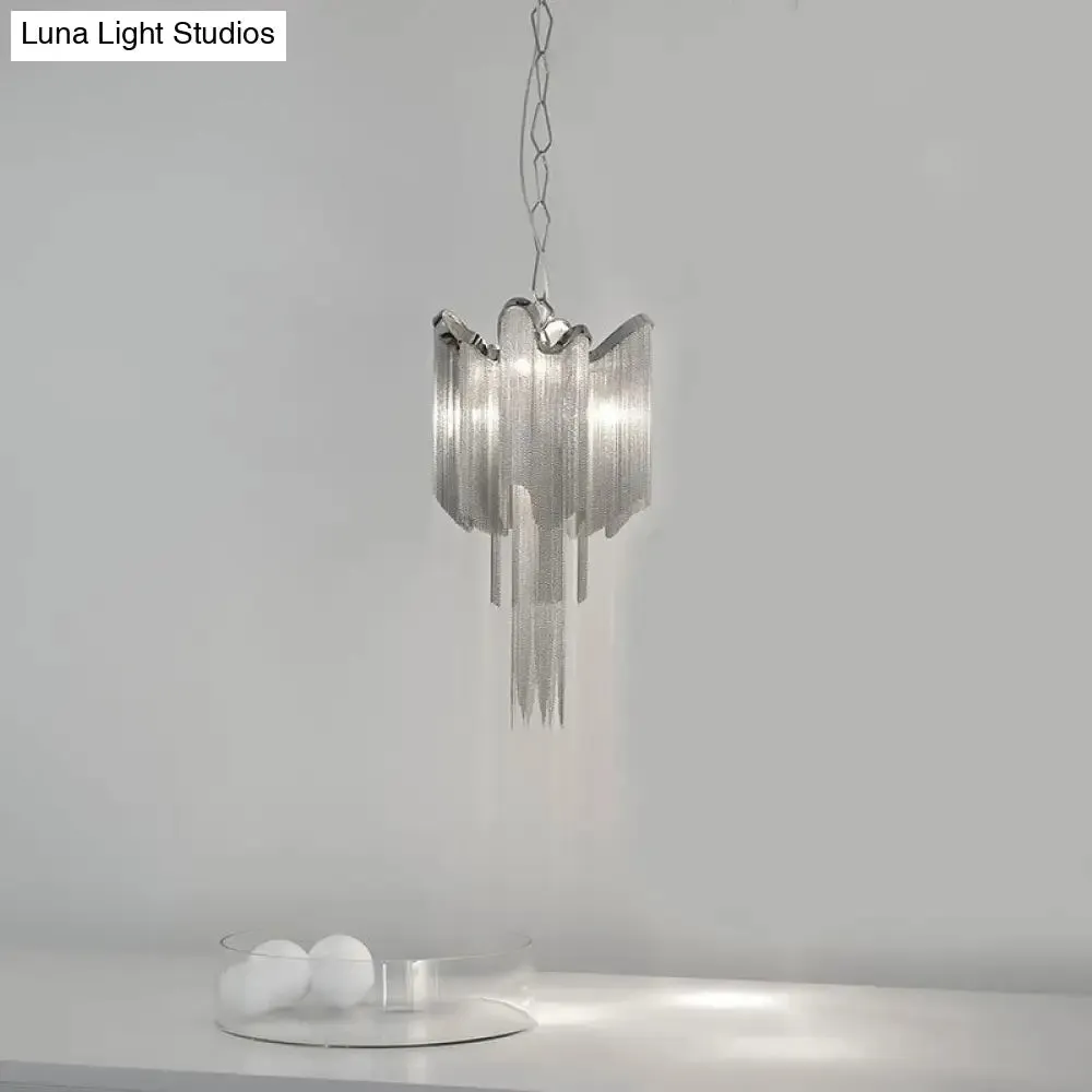 Modern Aluminum Chain Tassel Chandelier - Stylish 4-Light Silver Ceiling Light"
(Note: The revised title maintains the essential keywords while making it more concise for SEO purposes.)