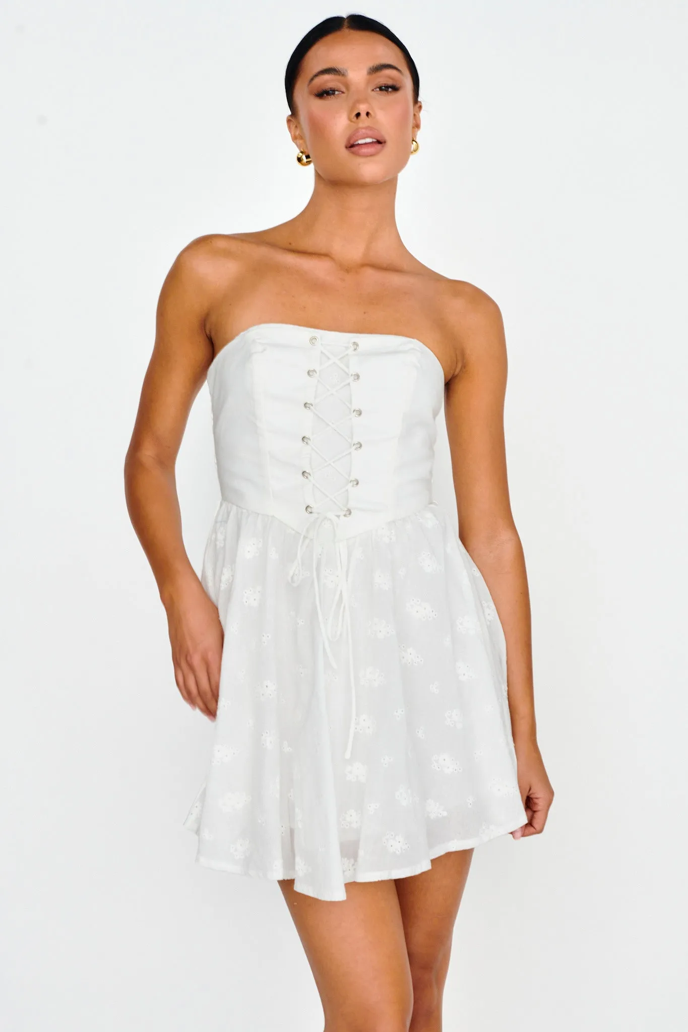 Mon Petit Lace-Up Bodice Mini Dress White