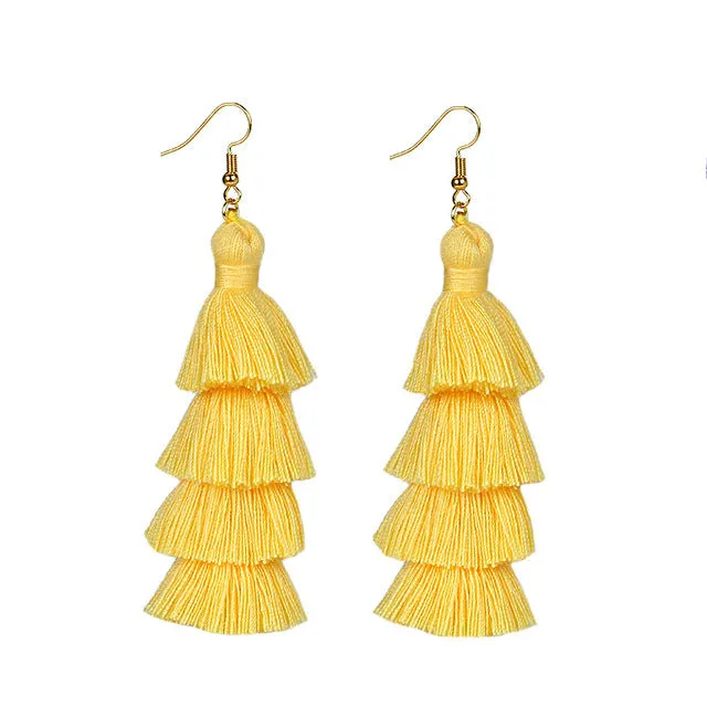 Neon Tiered Long Tassel Earrings - 4 Layered Fringe Earrings - Ombre Stacked Tassels Dangle Earrings