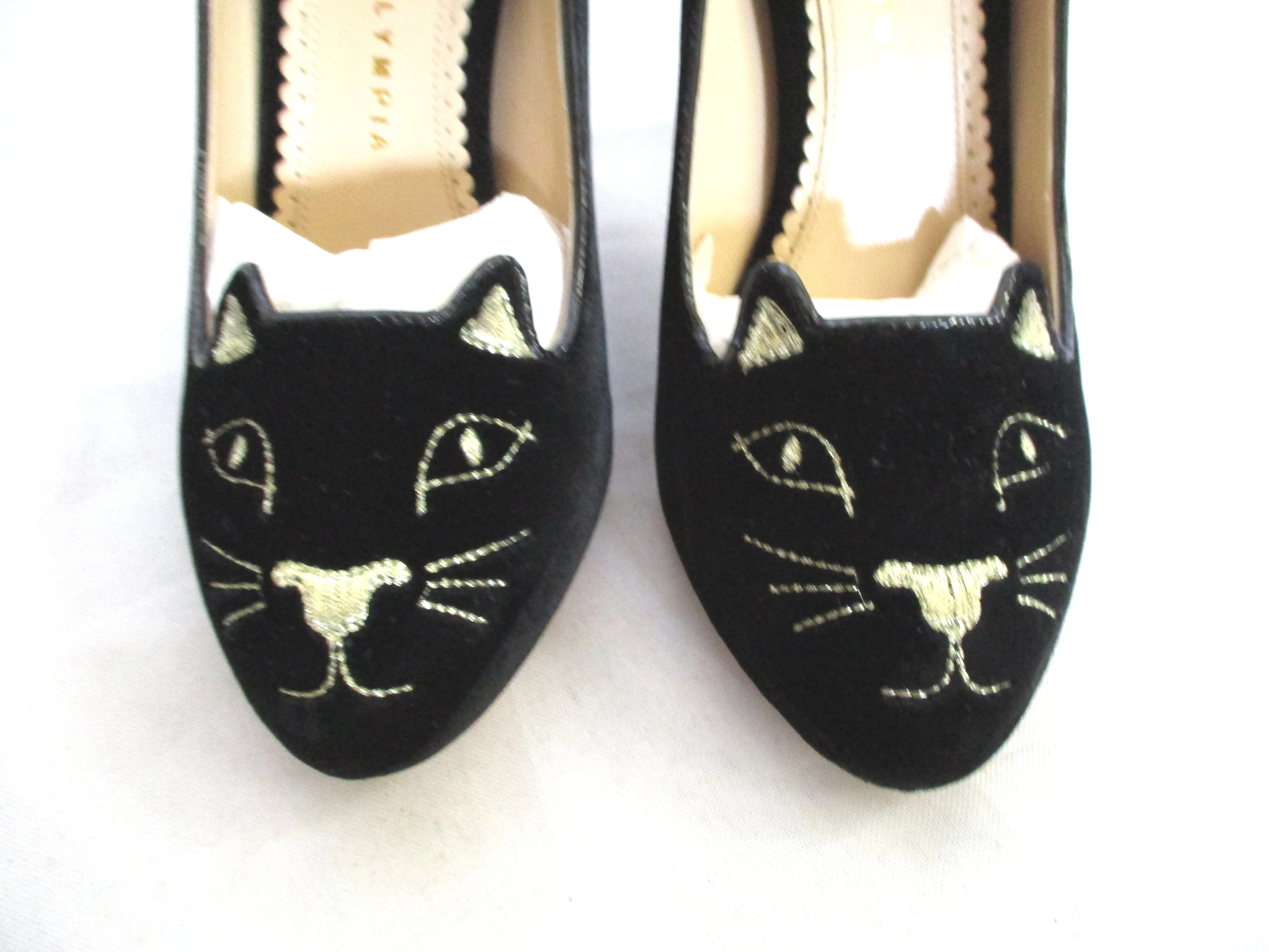 NEW CHARLOTTE OLYMPIA KITTY PUMP CAT BLACK Embroidered Shoe 36.5 Womens