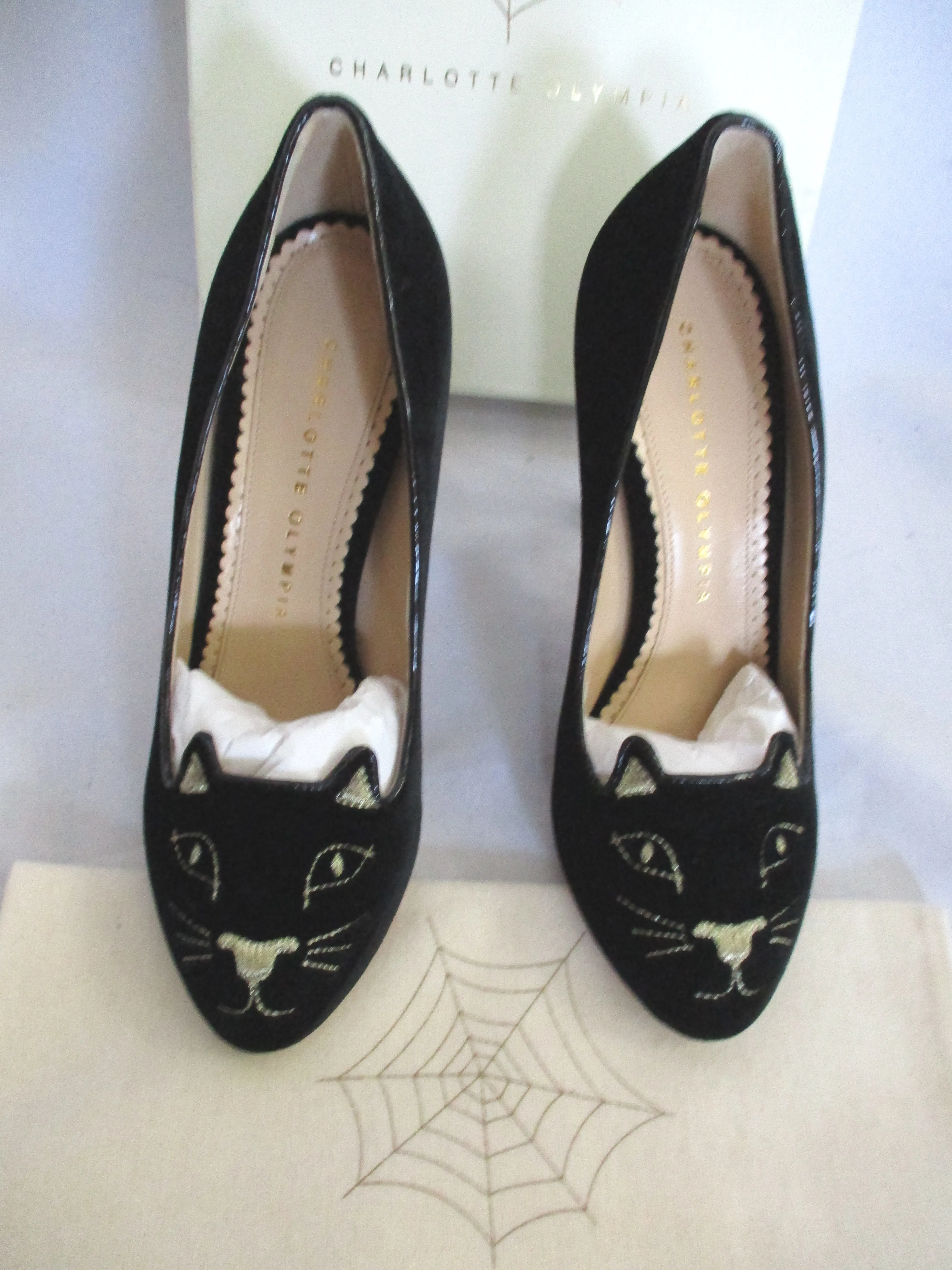 NEW CHARLOTTE OLYMPIA KITTY PUMP CAT BLACK Embroidered Shoe 36.5 Womens