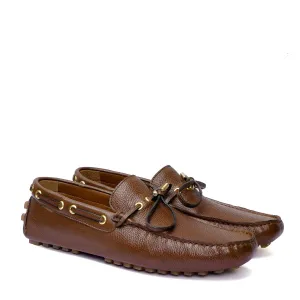 Nubs Sole Tassel Bow Driver Loafer in Textured Tan Leather