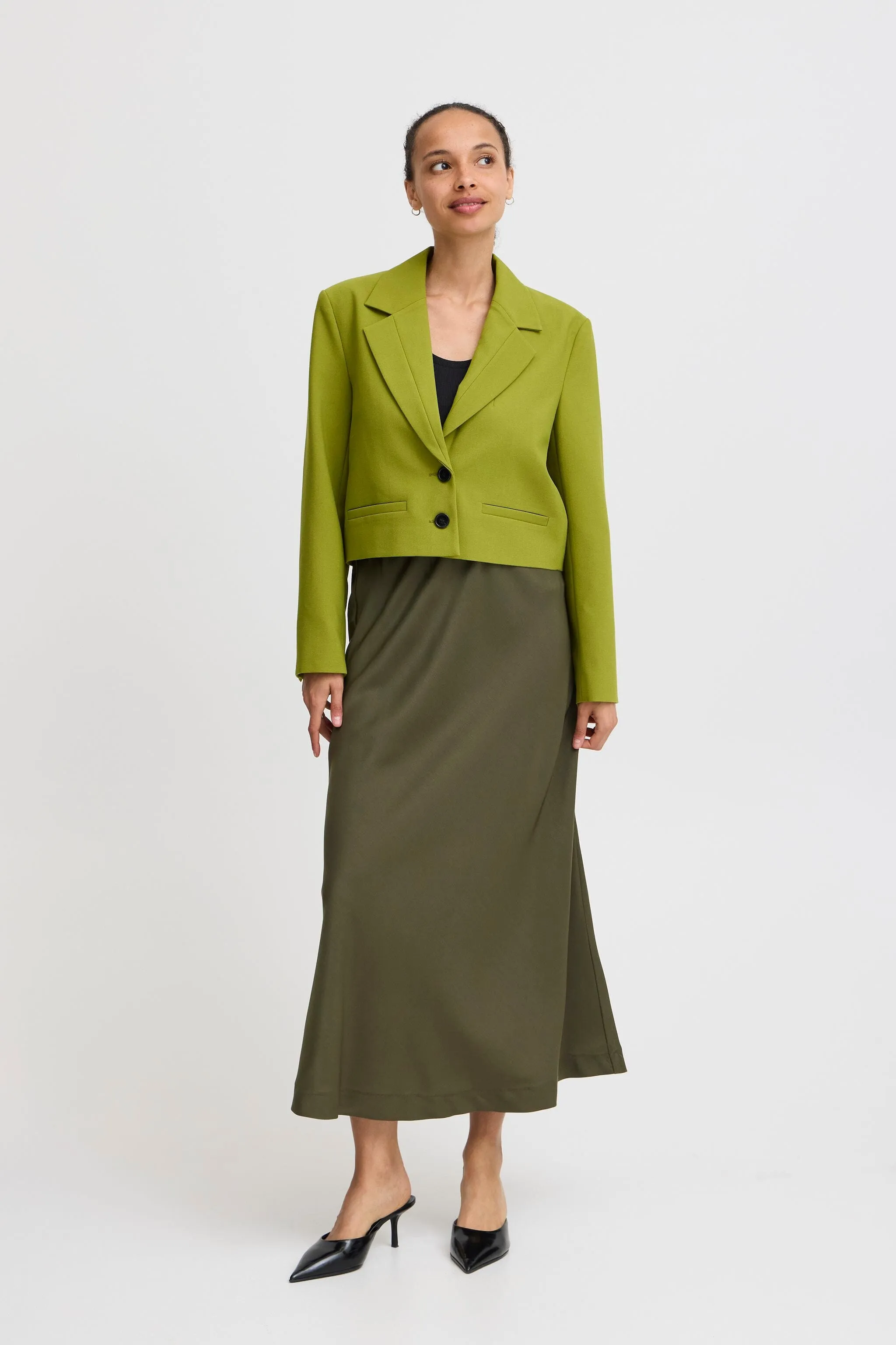 OLIVE SILKY MIDI SKIRT