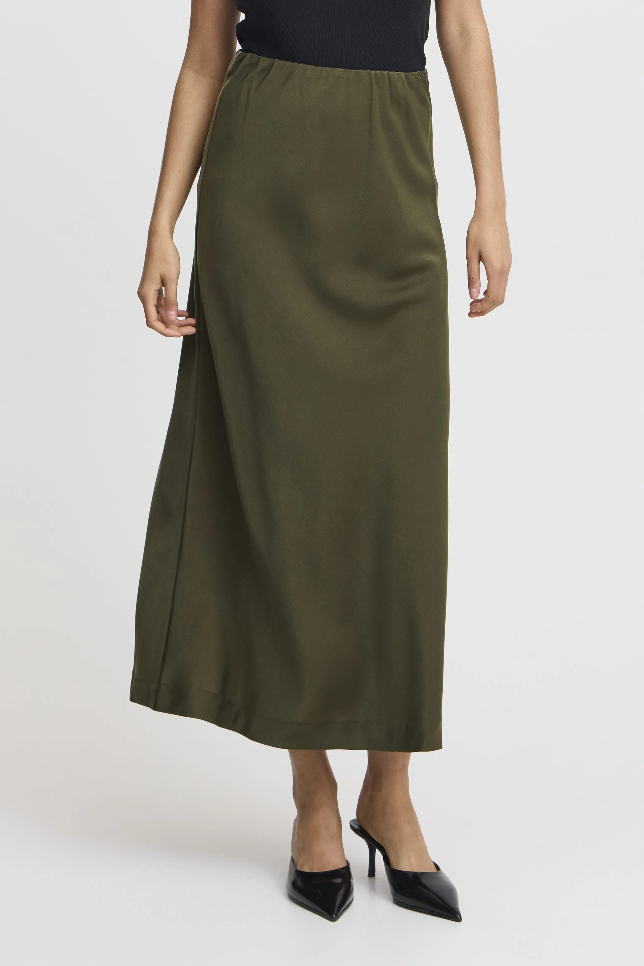 OLIVE SILKY MIDI SKIRT