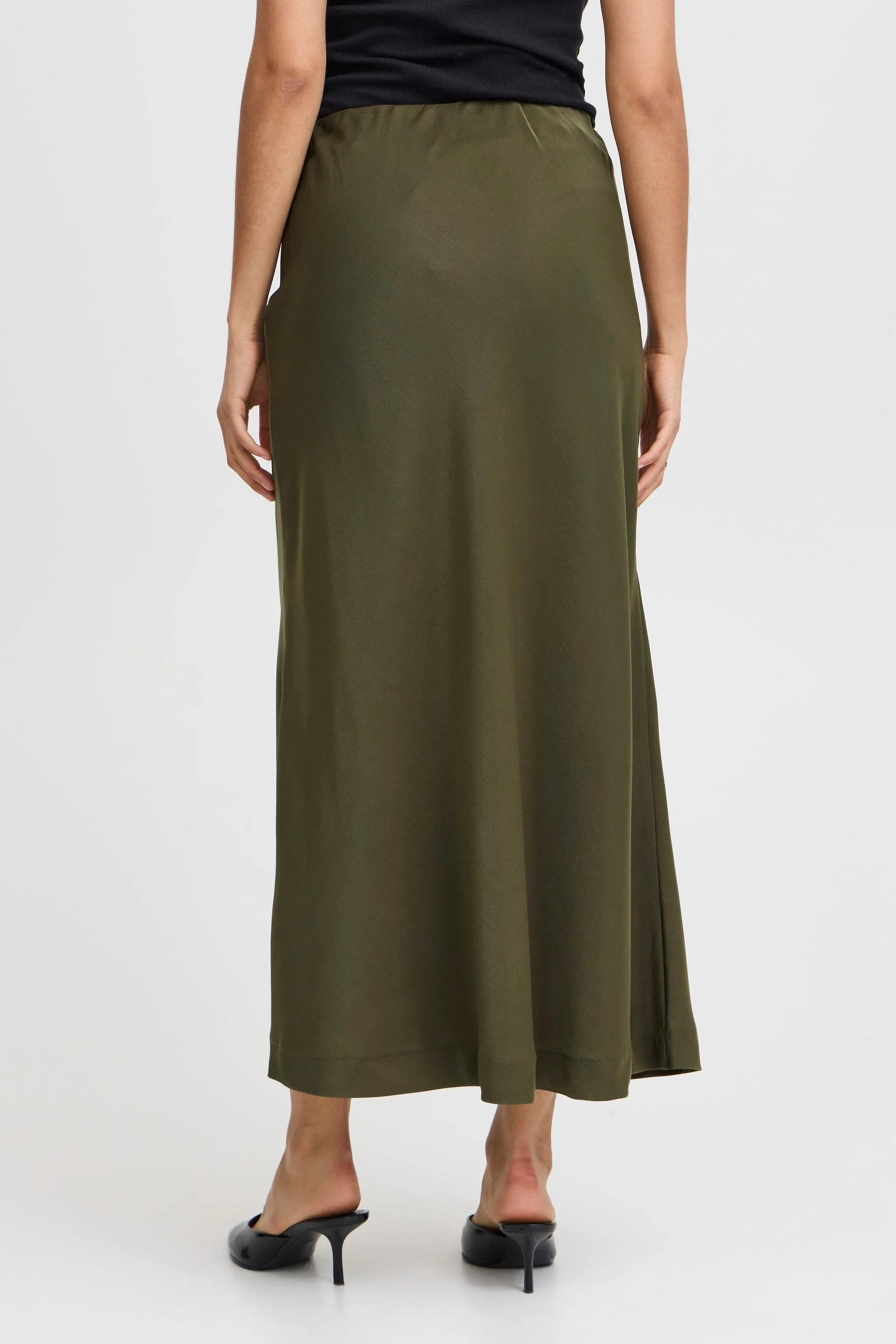 OLIVE SILKY MIDI SKIRT