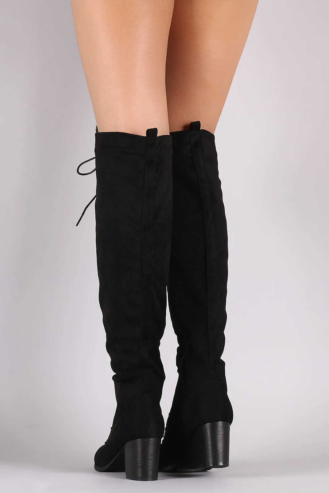 Over The Knee Lace Up Almond Toe Chunky Boots