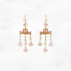 Pink Enamel Lotus Tassel Earrings