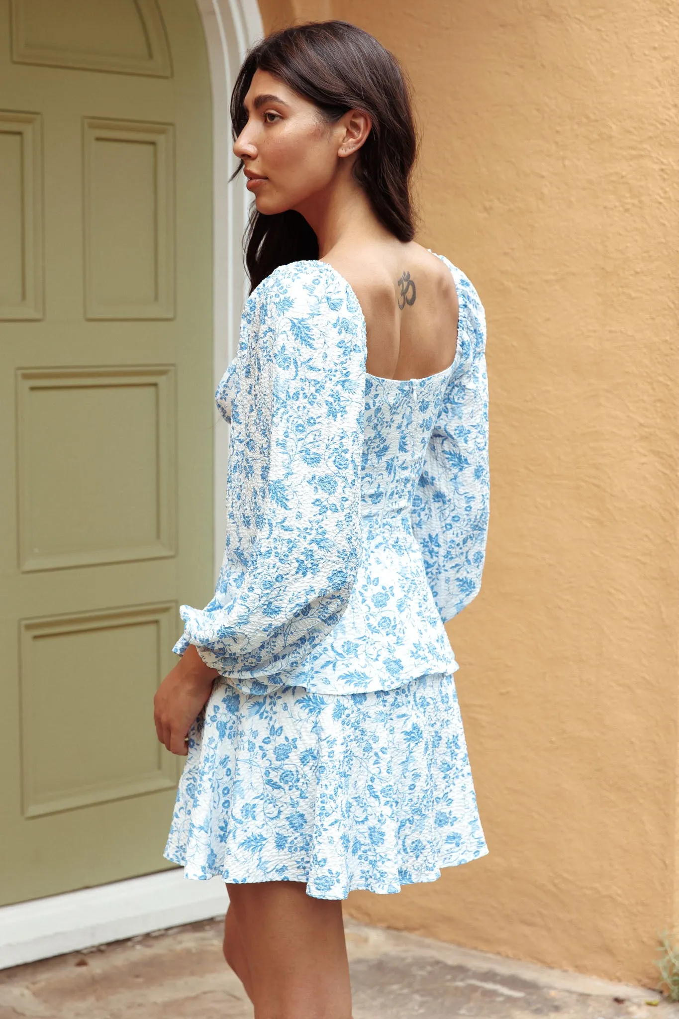 Provence Bloom Long Sleeve Mini Dress Floral Blue