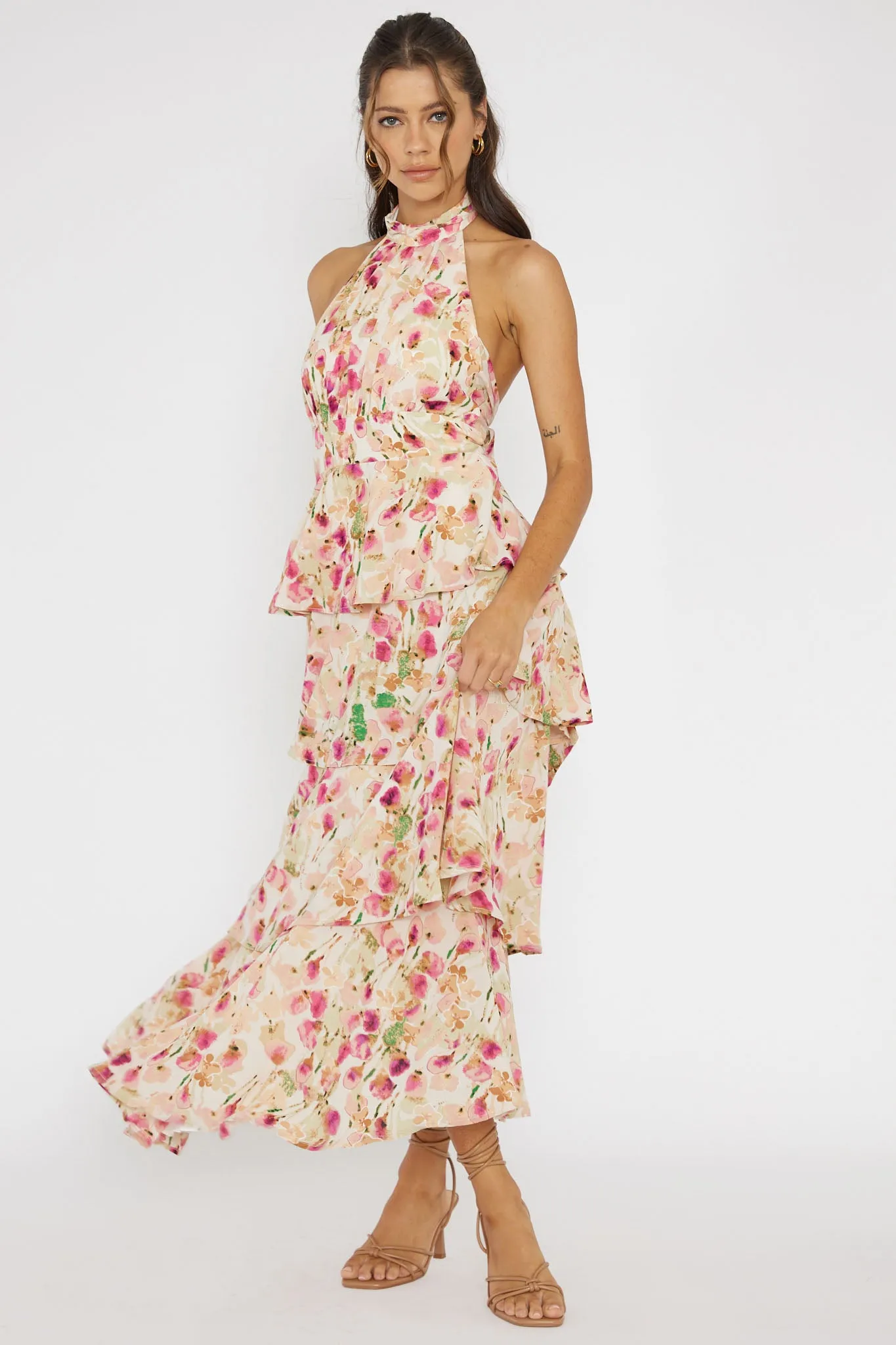 Provence Bloom Tiered Halterneck Dress Pink