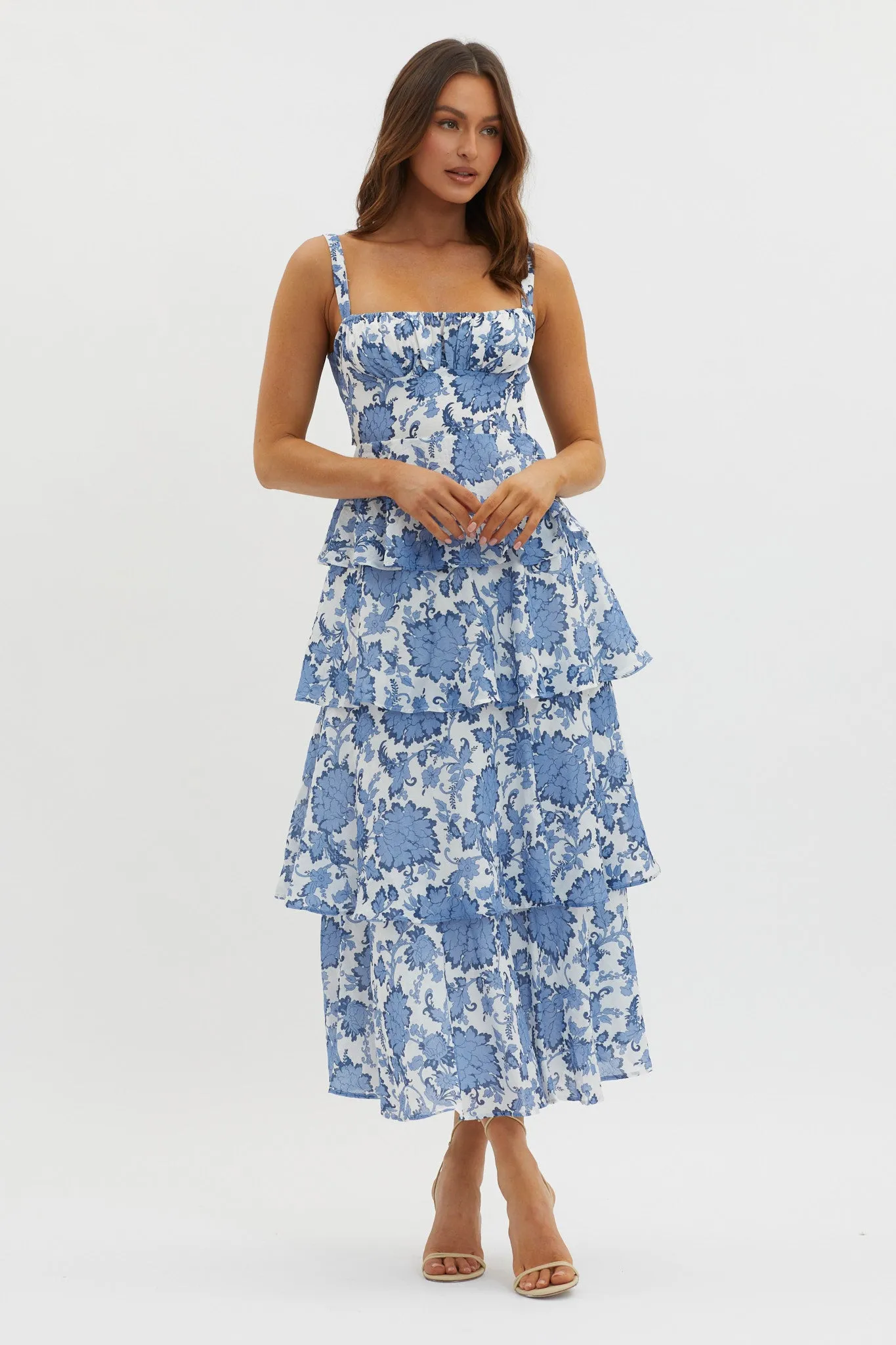 Provence Bloom Tiered Maxi Dress Floral Blue