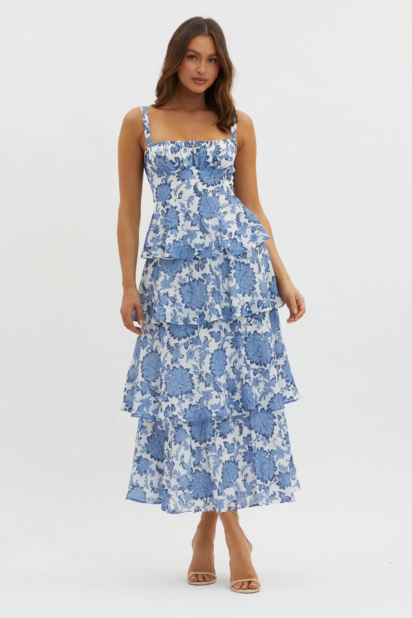 Provence Bloom Tiered Maxi Dress Floral Blue