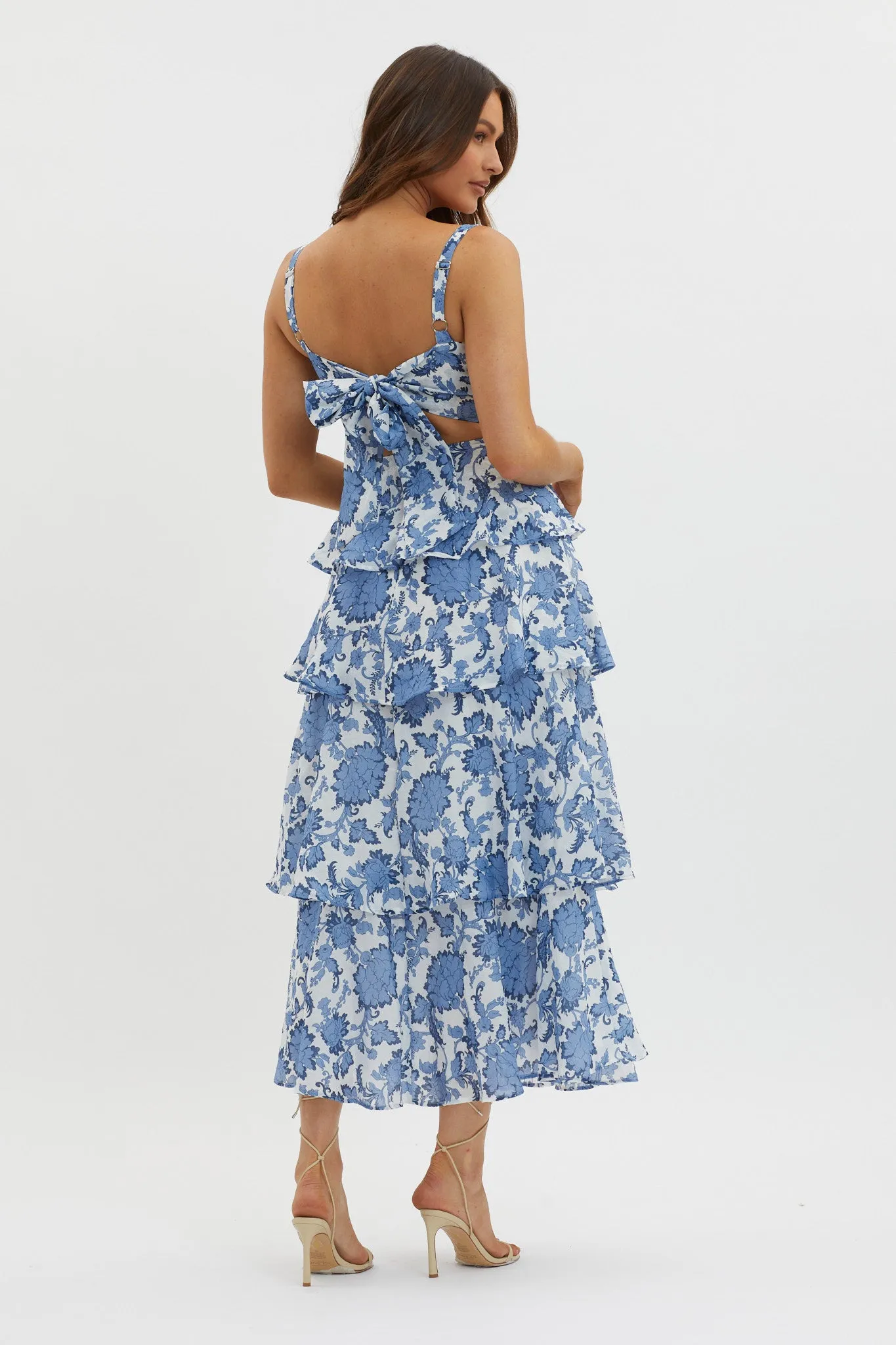 Provence Bloom Tiered Maxi Dress Floral Blue